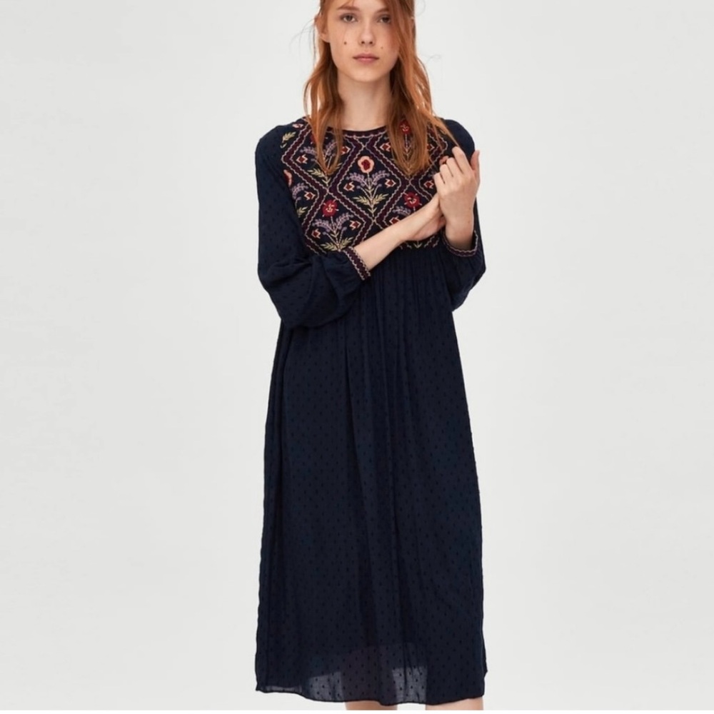 Zara Navy Blue Long Sleeve Dress with Embroidery